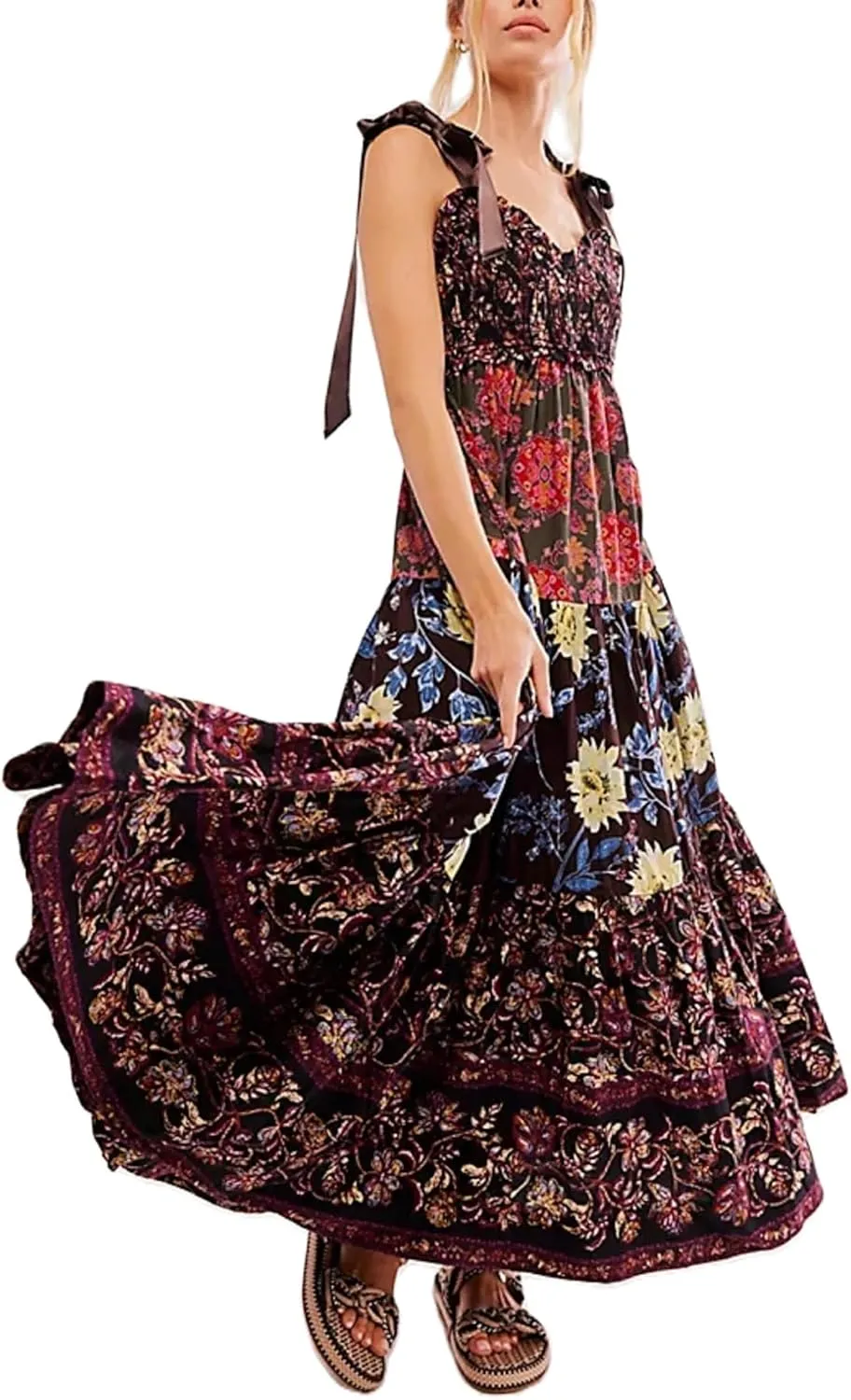Women Summer Maxi Dress Floral Smocked Shirred Long Dress Boho Sleeveless Tie Shoulder Sundress