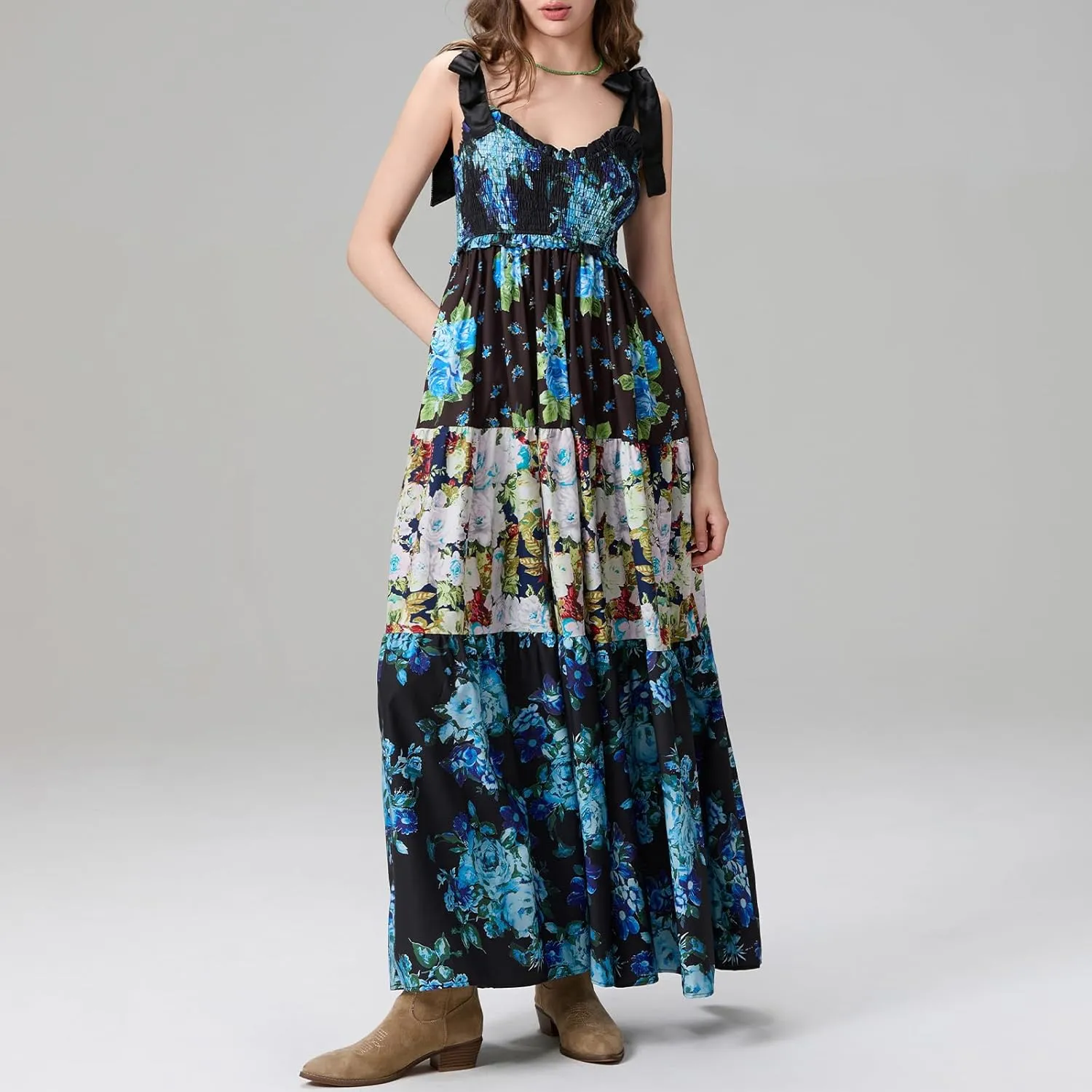 Women Summer Maxi Dress Floral Smocked Shirred Long Dress Boho Sleeveless Tie Shoulder Sundress