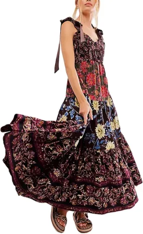 Women Summer Maxi Dress Floral Smocked Shirred Long Dress Boho Sleeveless Tie Shoulder Sundress