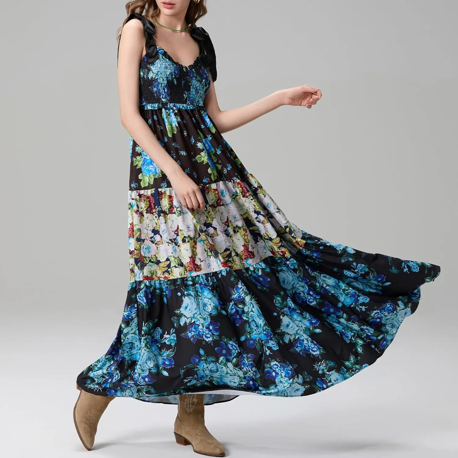 Women Summer Maxi Dress Floral Smocked Shirred Long Dress Boho Sleeveless Tie Shoulder Sundress