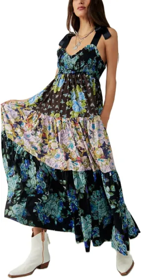 Women Summer Maxi Dress Floral Smocked Shirred Long Dress Boho Sleeveless Tie Shoulder Sundress