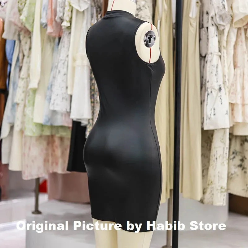 Women Summer Sexy Party Strapless Bodycon Pu Leather Mini Dress