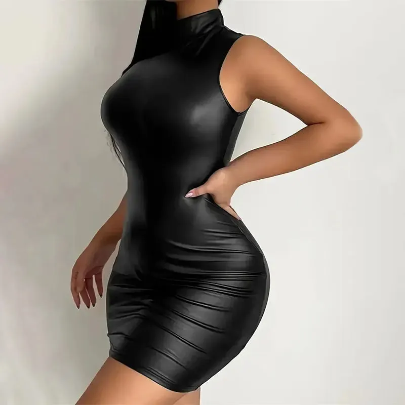 Women Summer Sexy Party Strapless Bodycon Pu Leather Mini Dress