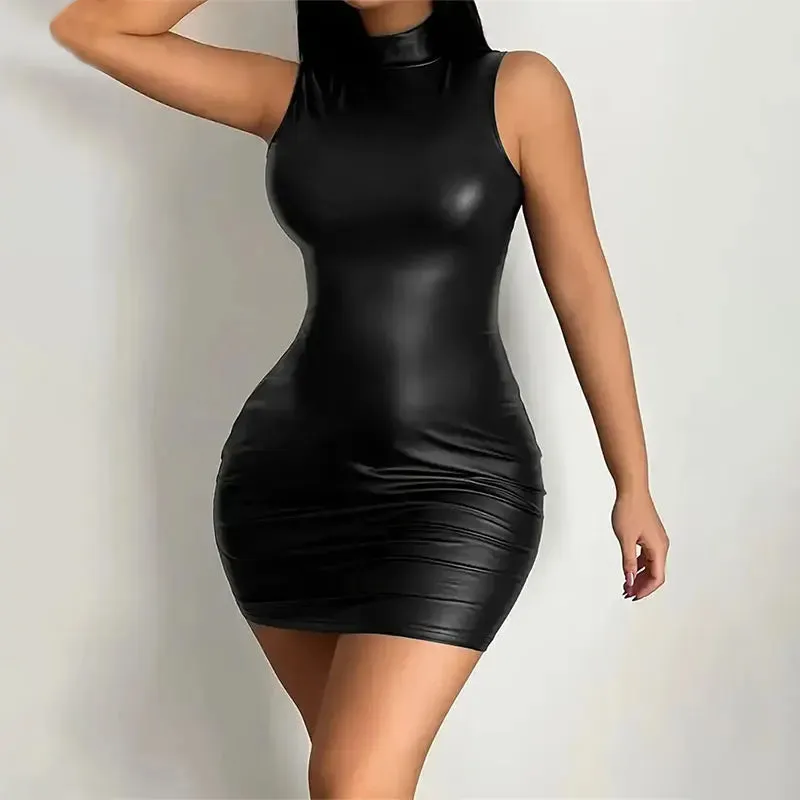 Women Summer Sexy Party Strapless Bodycon Pu Leather Mini Dress