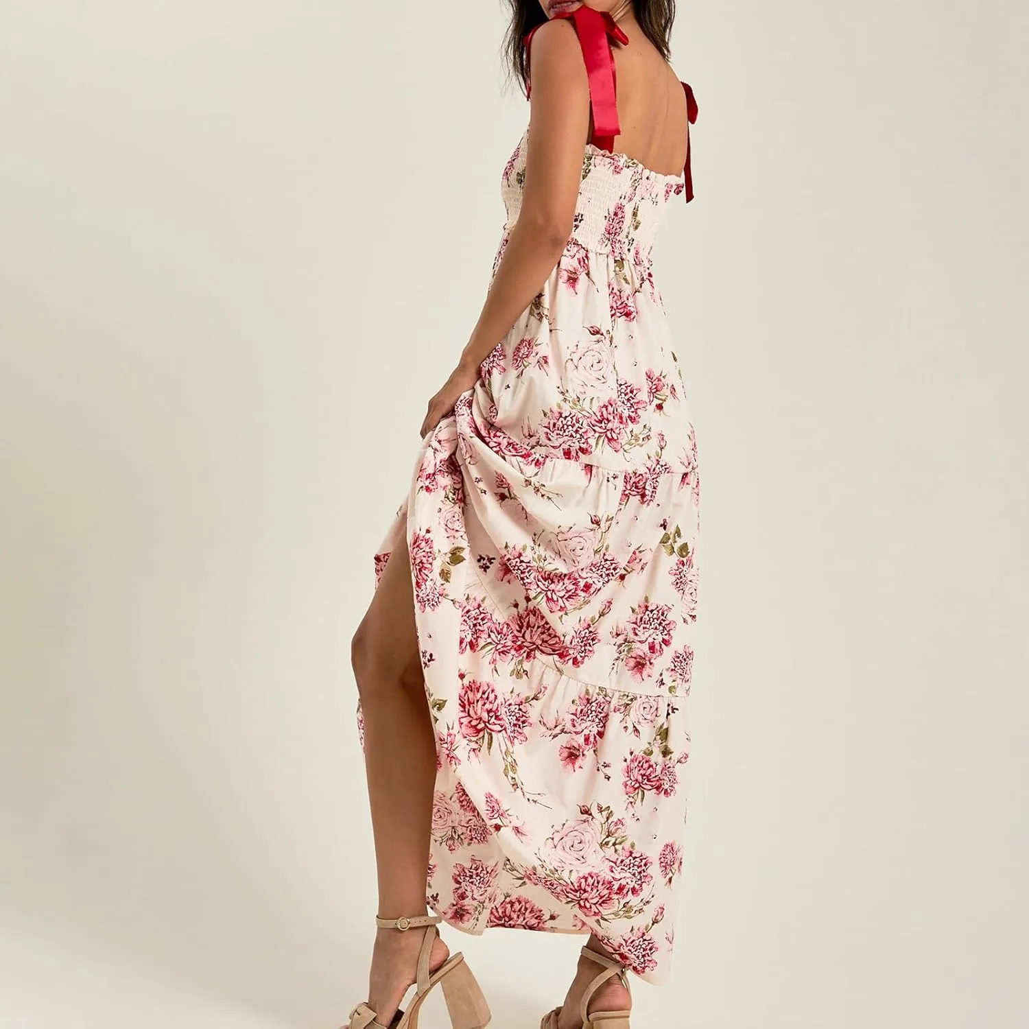 Women Tie Shoulder Boho Maxi Dress Floral Sleeveless Vacation Long Dress Summer Smocked Flowy Beach Sundresses