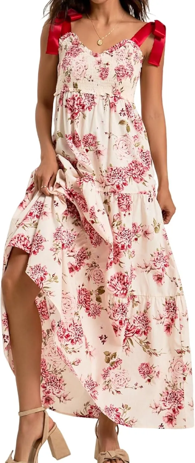 Women Tie Shoulder Boho Maxi Dress Floral Sleeveless Vacation Long Dress Summer Smocked Flowy Beach Sundresses