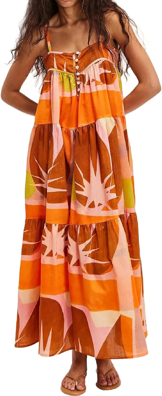 Women Tie Shoulder Boho Maxi Dress Floral Sleeveless Vacation Long Dress Summer Smocked Flowy Beach Sundresses