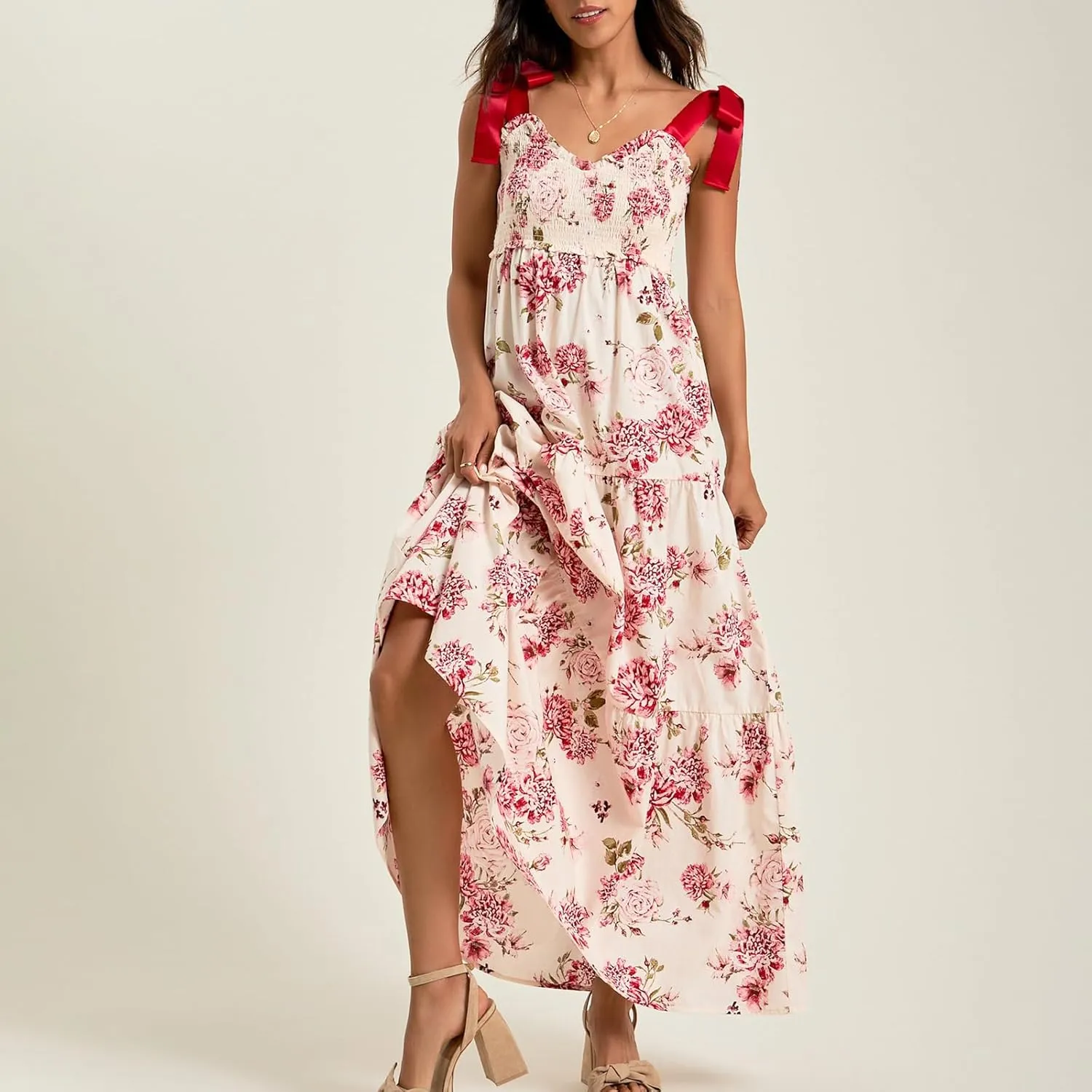 Women Tie Shoulder Boho Maxi Dress Floral Sleeveless Vacation Long Dress Summer Smocked Flowy Beach Sundresses