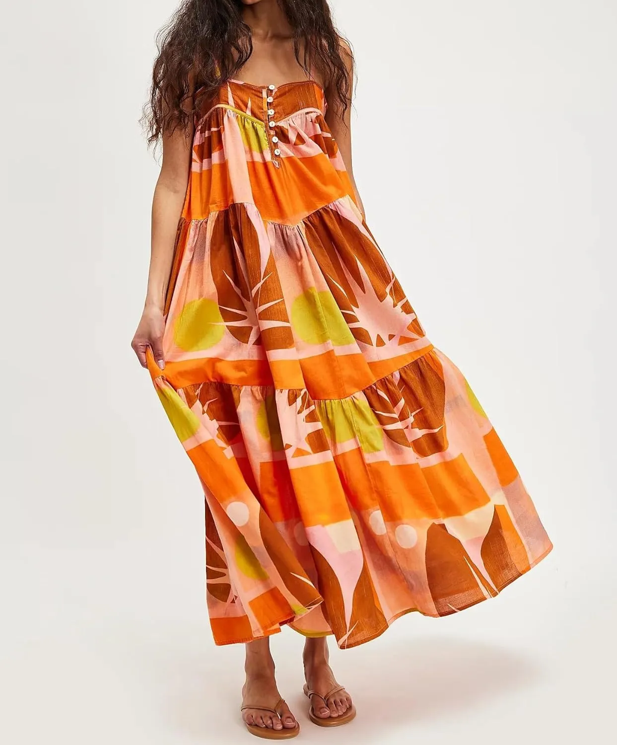 Women Tie Shoulder Boho Maxi Dress Floral Sleeveless Vacation Long Dress Summer Smocked Flowy Beach Sundresses