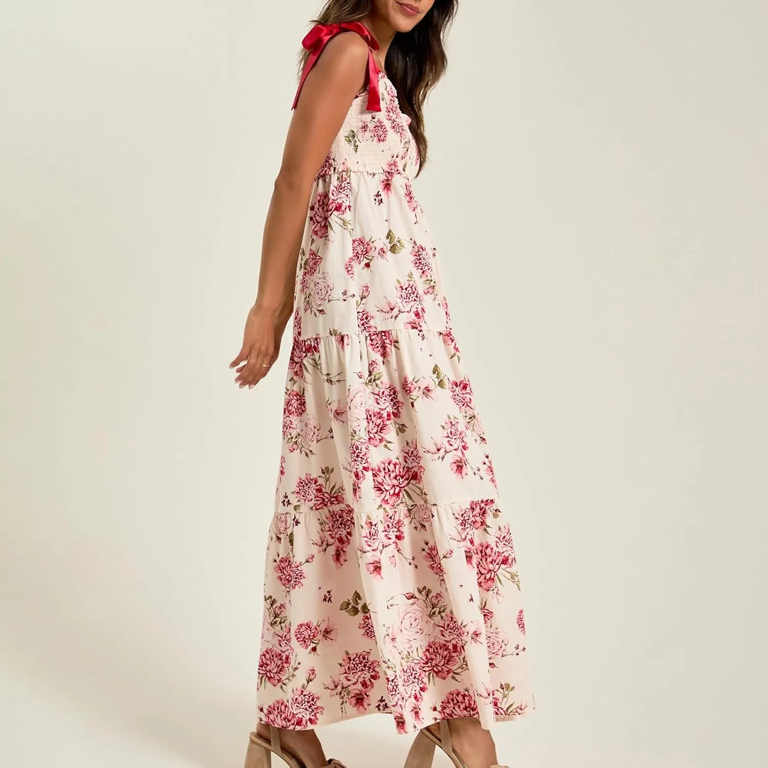 Women Tie Shoulder Boho Maxi Dress Floral Sleeveless Vacation Long Dress Summer Smocked Flowy Beach Sundresses