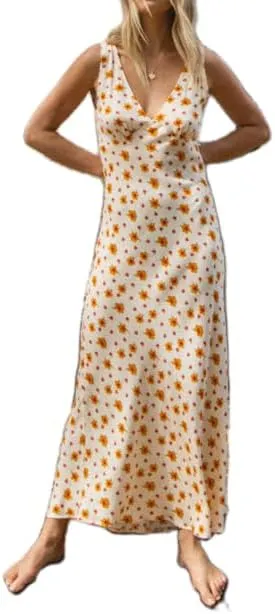 Women Y2k Deep V Neck Maxi Dress Casual Sleeveless Floral Flowy Long Tank Dress Summer Beach Boho Sundress