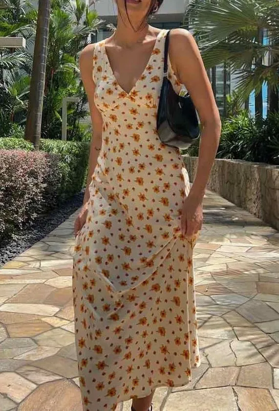 Women Y2k Deep V Neck Maxi Dress Casual Sleeveless Floral Flowy Long Tank Dress Summer Beach Boho Sundress