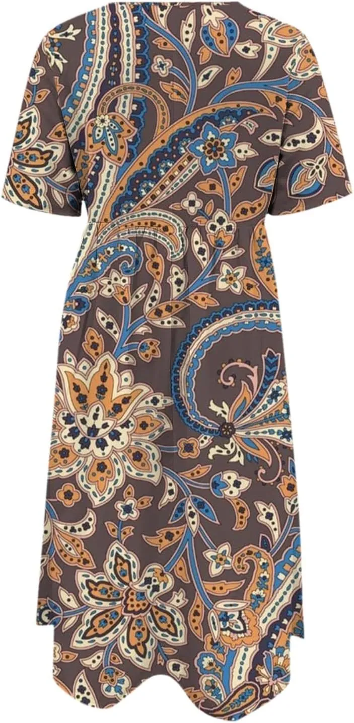 Womens Boho Floral Flowy Midi Dresses Casual Loose Summer Short Sleeve Beach Dress with Pockets Women's Summer Dresses