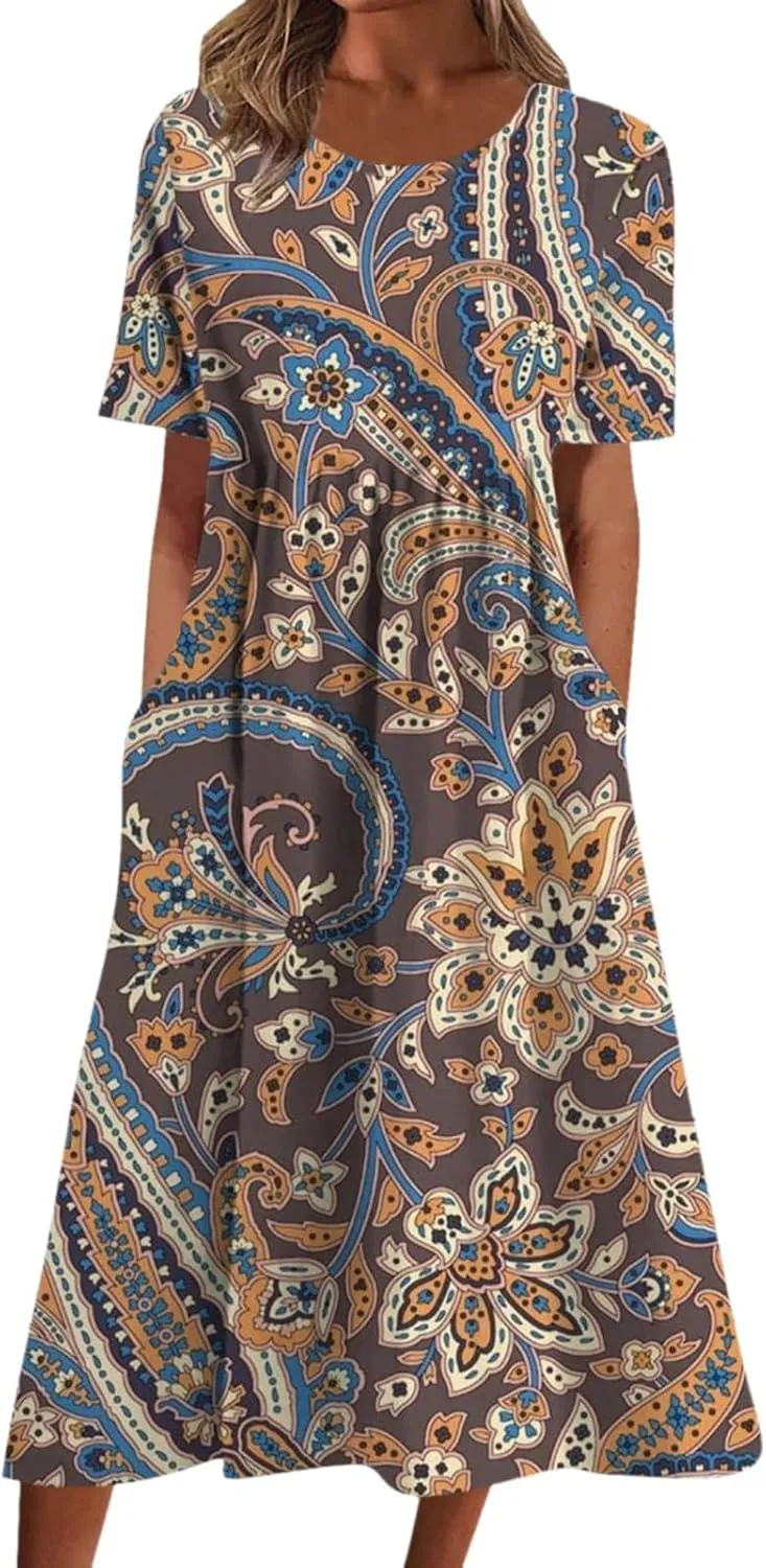 Womens Boho Floral Flowy Midi Dresses Casual Loose Summer Short Sleeve Beach Dress with Pockets Women's Summer Dresses