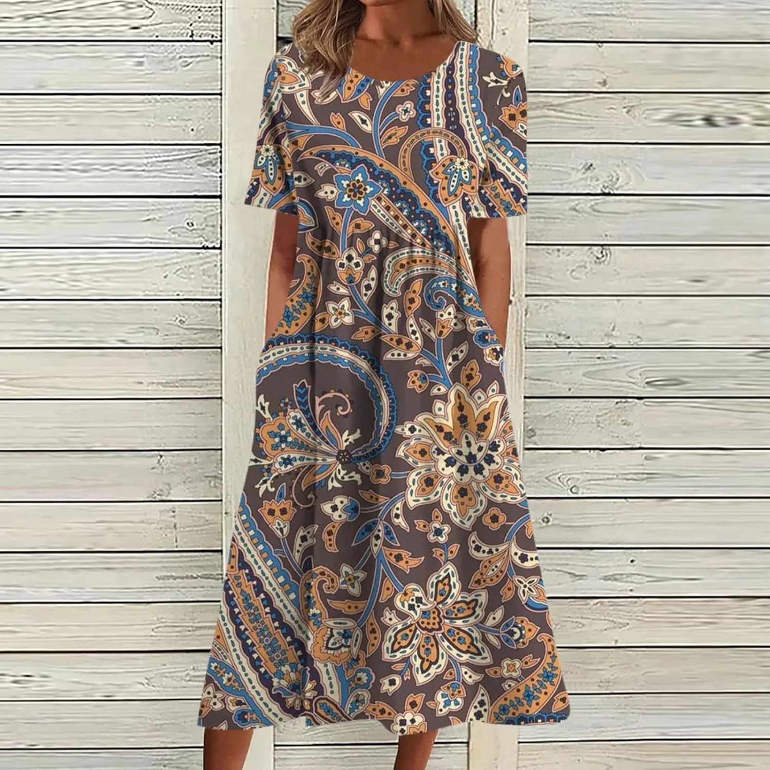 Womens Boho Floral Flowy Midi Dresses Casual Loose Summer Short Sleeve Beach Dress with Pockets Women's Summer Dresses