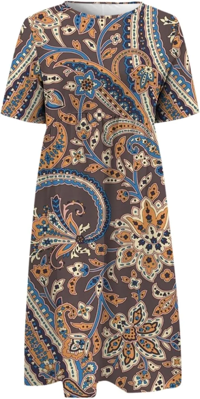 Womens Boho Floral Flowy Midi Dresses Casual Loose Summer Short Sleeve Beach Dress with Pockets Women's Summer Dresses