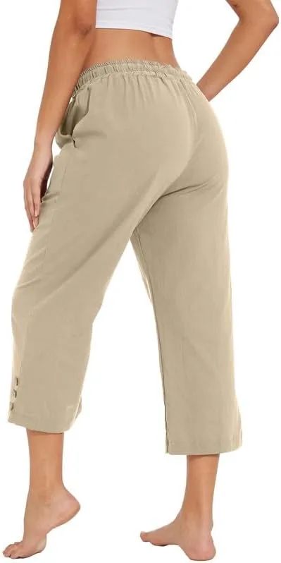 Womens Capris Pants High Waist Drawstring Comfy Casual Lightweight Loose Trousers Buttons Trim with Pockets