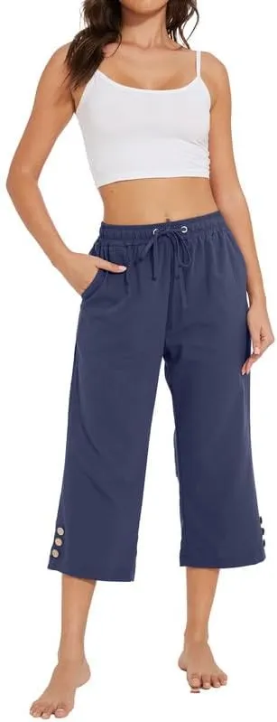 Womens Capris Pants High Waist Drawstring Comfy Casual Lightweight Loose Trousers Buttons Trim with Pockets