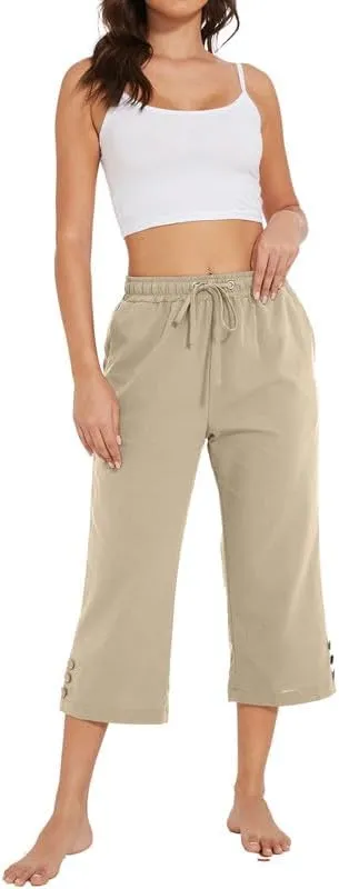 Womens Capris Pants High Waist Drawstring Comfy Casual Lightweight Loose Trousers Buttons Trim with Pockets