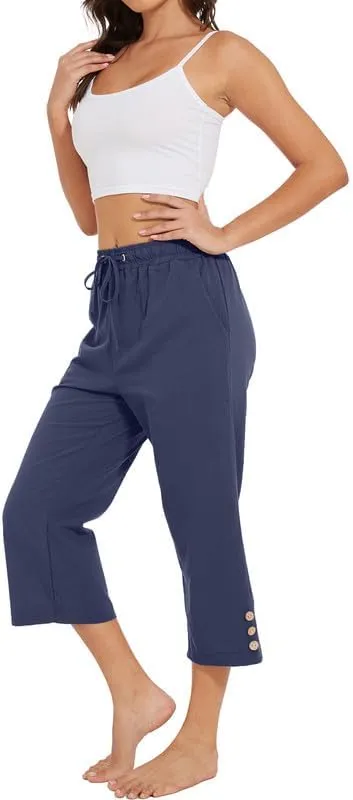 Womens Capris Pants High Waist Drawstring Comfy Casual Lightweight Loose Trousers Buttons Trim with Pockets