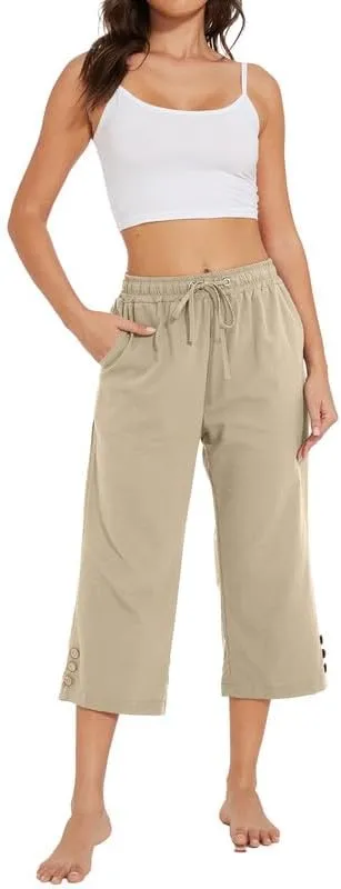 Womens Capris Pants High Waist Drawstring Comfy Casual Lightweight Loose Trousers Buttons Trim with Pockets