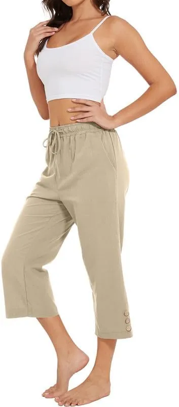 Womens Capris Pants High Waist Drawstring Comfy Casual Lightweight Loose Trousers Buttons Trim with Pockets