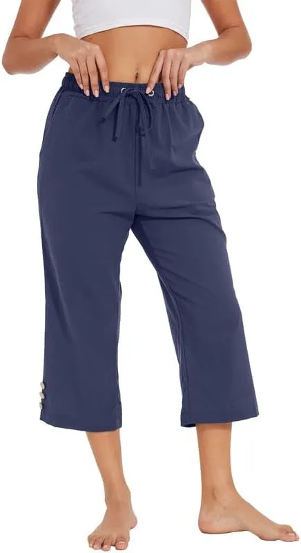 Womens Capris Pants High Waist Drawstring Comfy Casual Lightweight Loose Trousers Buttons Trim with Pockets