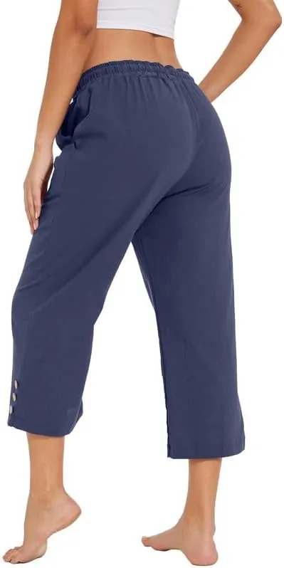 Womens Capris Pants High Waist Drawstring Comfy Casual Lightweight Loose Trousers Buttons Trim with Pockets