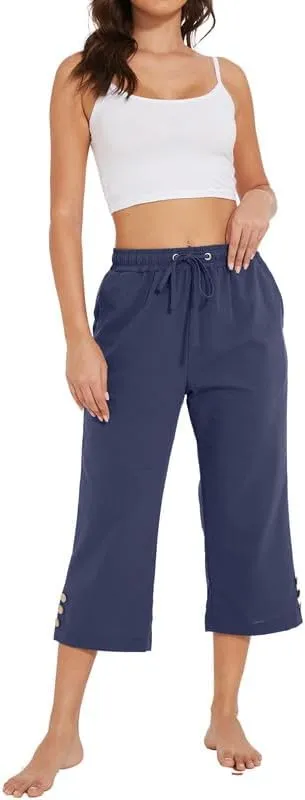 Womens Capris Pants High Waist Drawstring Comfy Casual Lightweight Loose Trousers Buttons Trim with Pockets
