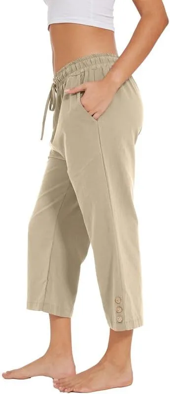 Womens Capris Pants High Waist Drawstring Comfy Casual Lightweight Loose Trousers Buttons Trim with Pockets