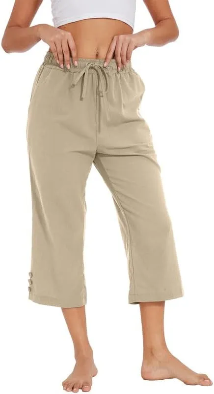 Womens Capris Pants High Waist Drawstring Comfy Casual Lightweight Loose Trousers Buttons Trim with Pockets