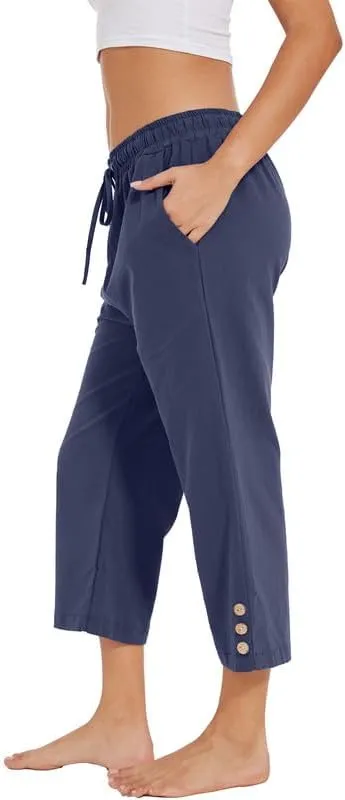Womens Capris Pants High Waist Drawstring Comfy Casual Lightweight Loose Trousers Buttons Trim with Pockets