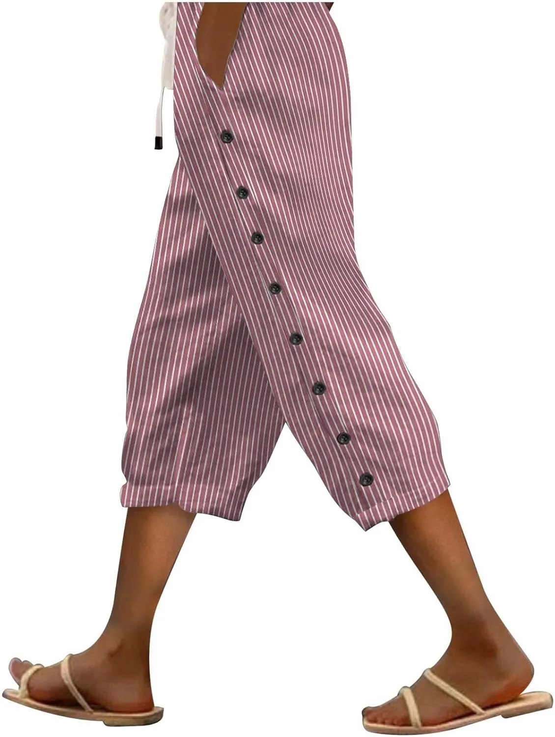 Womens Capris Pants High Waist Drawstring Comfy Casual Pants Casua Lightweight Loose Buttons Trousers with Pockets