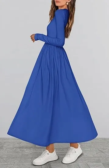 Women's Casual Fashion Waist Long Sleeve Bohemian Dress Flowy Beach Midi Dresses Party Wedding Guest Flowy Dress