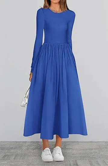 Women's Casual Fashion Waist Long Sleeve Bohemian Dress Flowy Beach Midi Dresses Party Wedding Guest Flowy Dress
