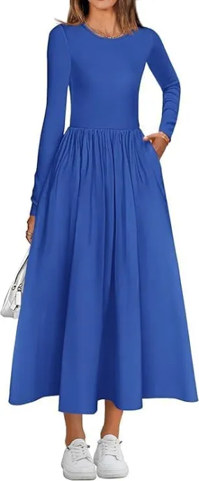 Women's Casual Fashion Waist Long Sleeve Bohemian Dress Flowy Beach Midi Dresses Party Wedding Guest Flowy Dress