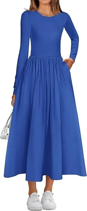 Women's Casual Fashion Waist Long Sleeve Bohemian Dress Flowy Beach Midi Dresses Party Wedding Guest Flowy Dress