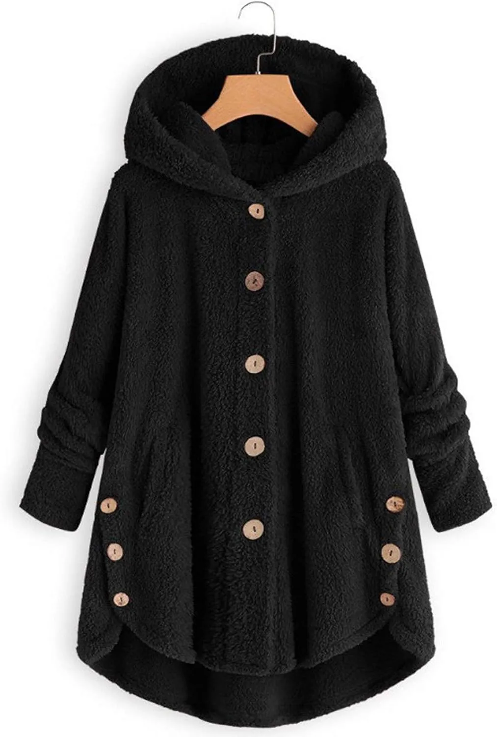 Womens Casual Fleece Jackets Oversized Button Down Winter Hooded Coats Long Sleeve Cardigan Sweater With Pockets
