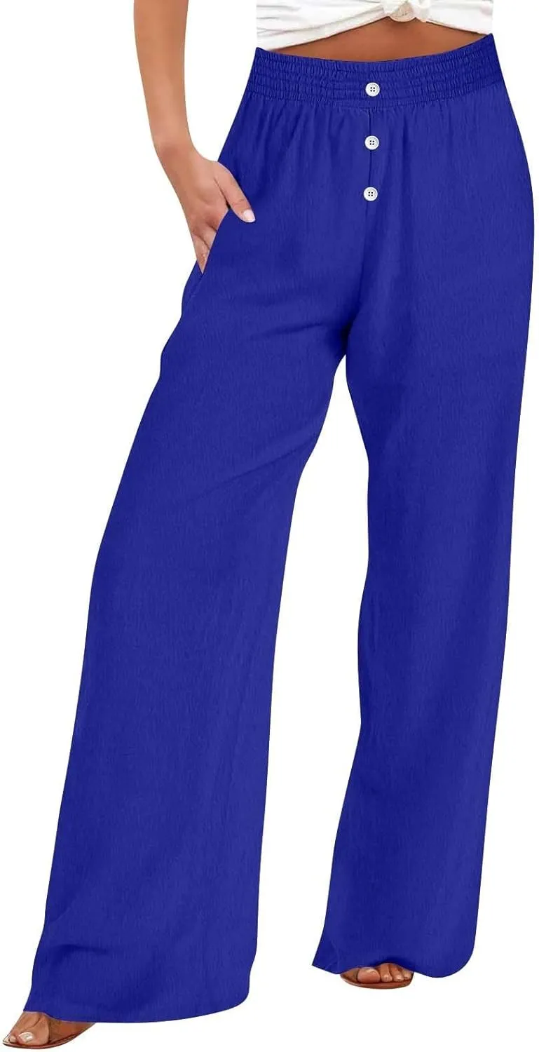 Womens Casual Loose Cotton Linen Trousers High Waisted Elastic Button Pant Wide Leg Daily Comfortable Pant