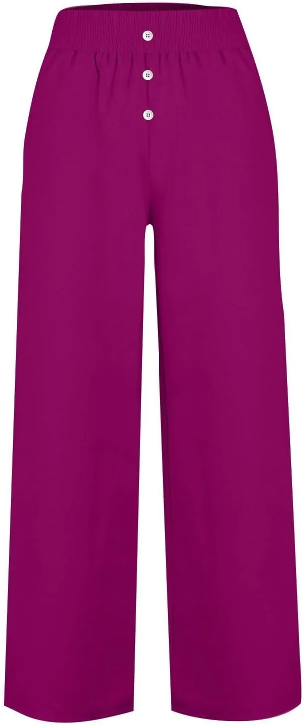 Womens Casual Loose Cotton Linen Trousers High Waisted Elastic Button Pant Wide Leg Daily Comfortable Pant