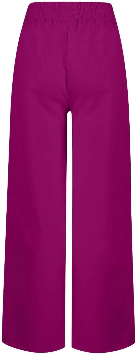 Womens Casual Loose Cotton Linen Trousers High Waisted Elastic Button Pant Wide Leg Daily Comfortable Pant