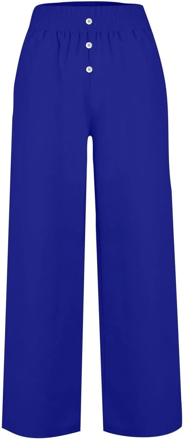 Womens Casual Loose Cotton Linen Trousers High Waisted Elastic Button Pant Wide Leg Daily Comfortable Pant