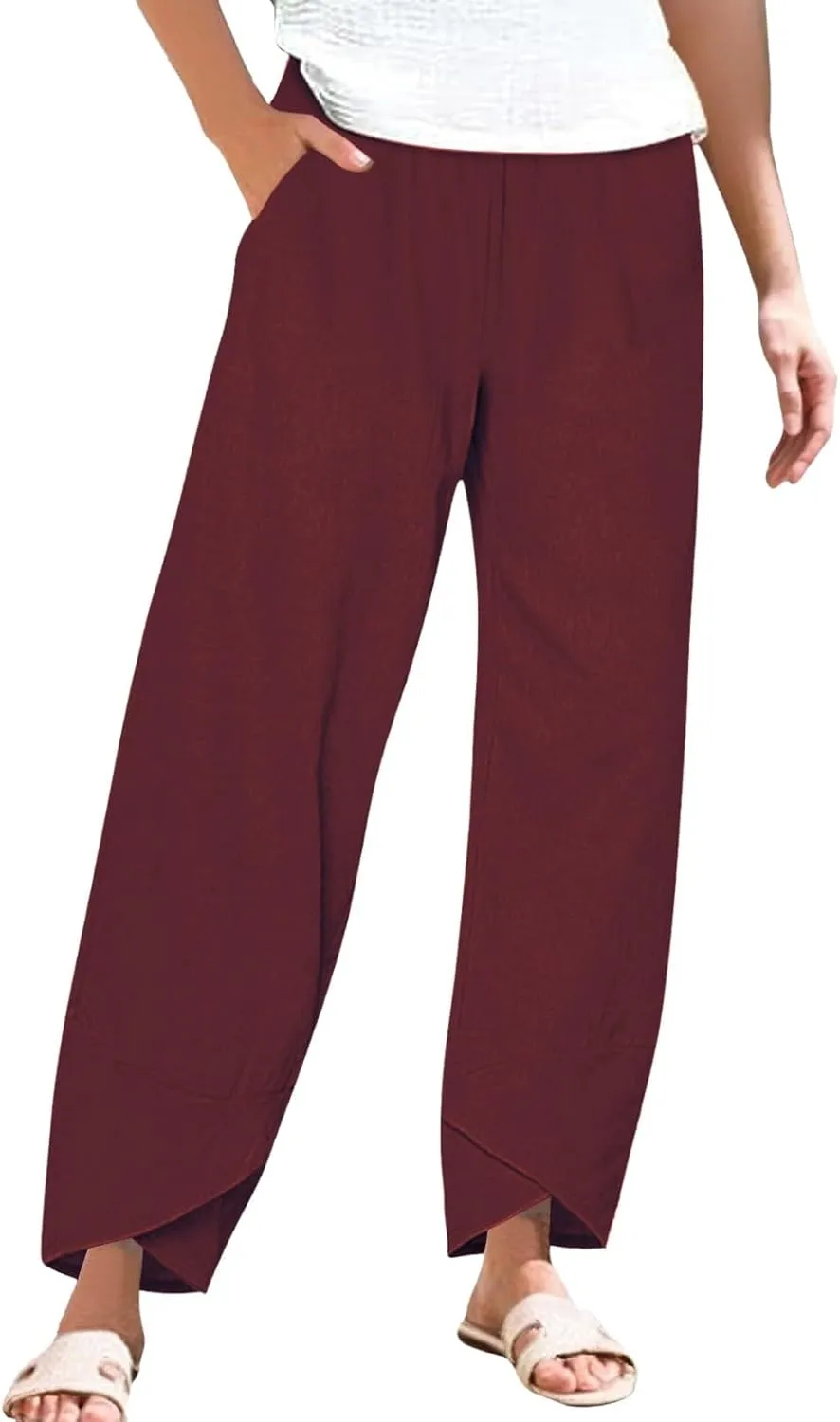 Women's Comfortable Linen Pants Loose Office Daily Work Leisures Trousers Straight Cross Leg Beach Flowy Casual Pants