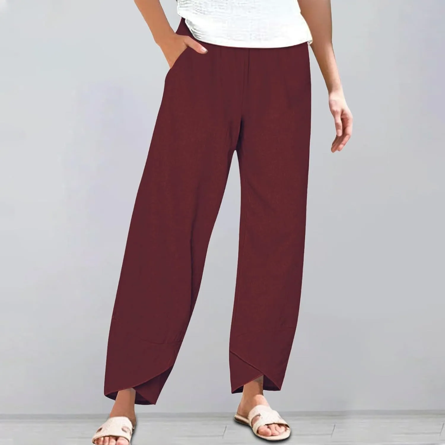Women's Comfortable Linen Pants Loose Office Daily Work Leisures Trousers Straight Cross Leg Beach Flowy Casual Pants