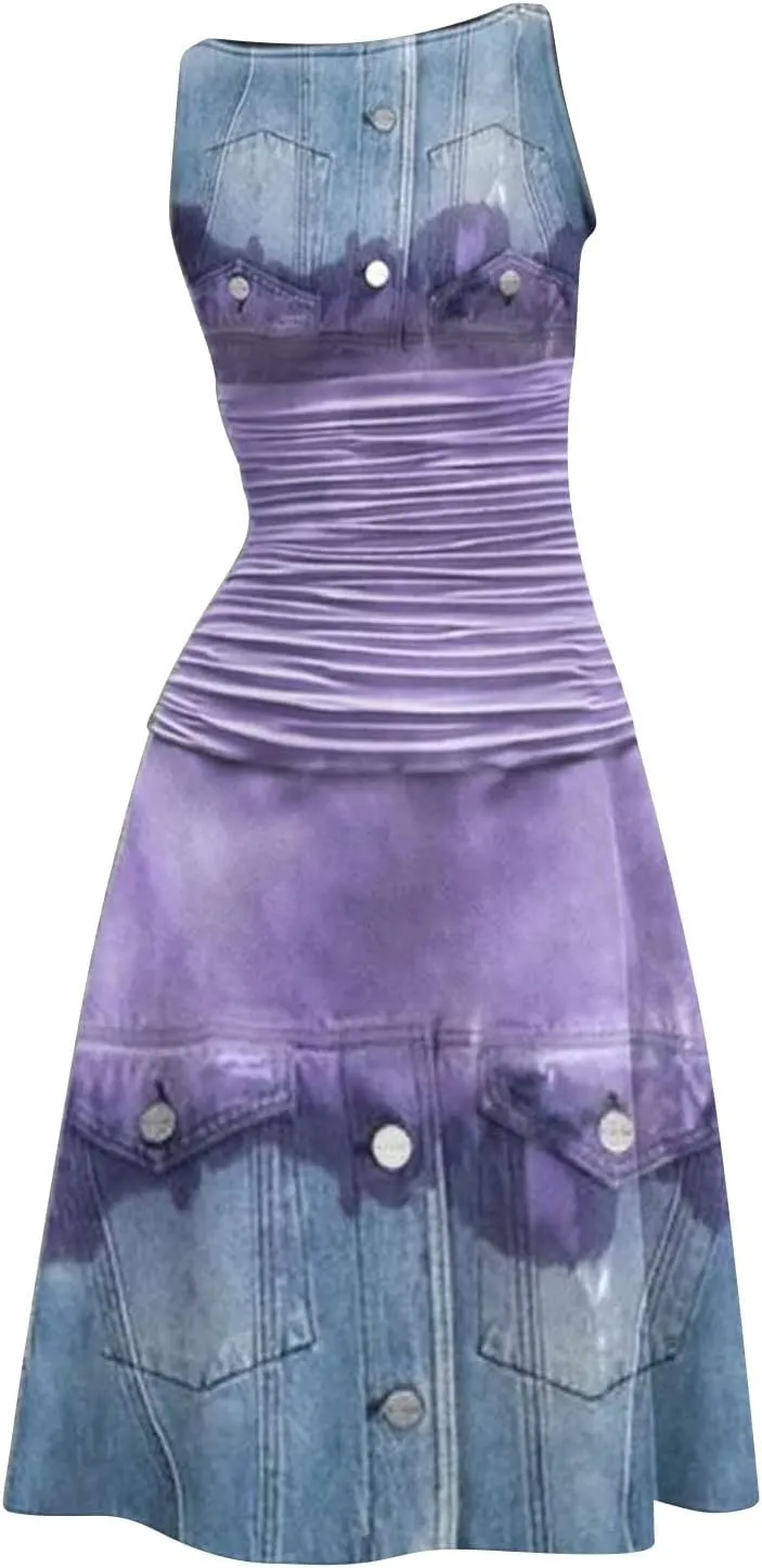 Women's Crewneck Sleeveless Printed Casual Dress Denim Patchwork Short Skirt Women Tunic Pleated Premium Design Dresses
