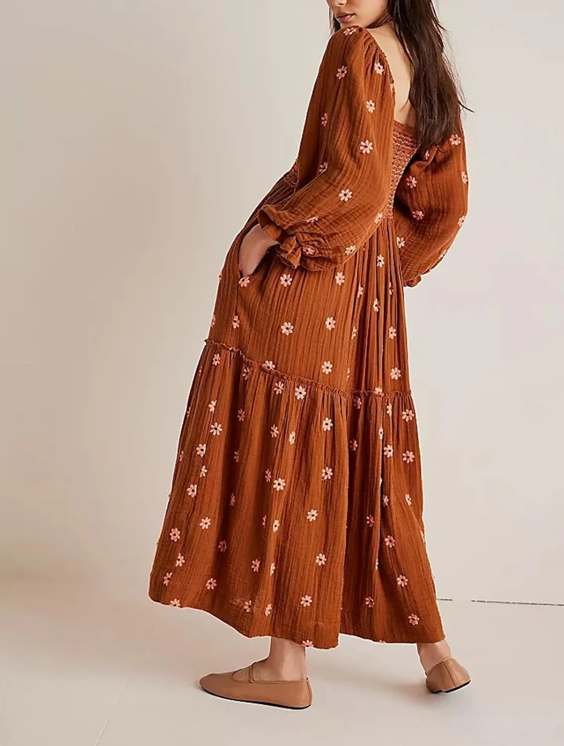Women's Elastic Waist Flower Embroidered Maxi Dress Lantern Sleeve Square Neck Tiered Flowy Maxi Fall Dress
