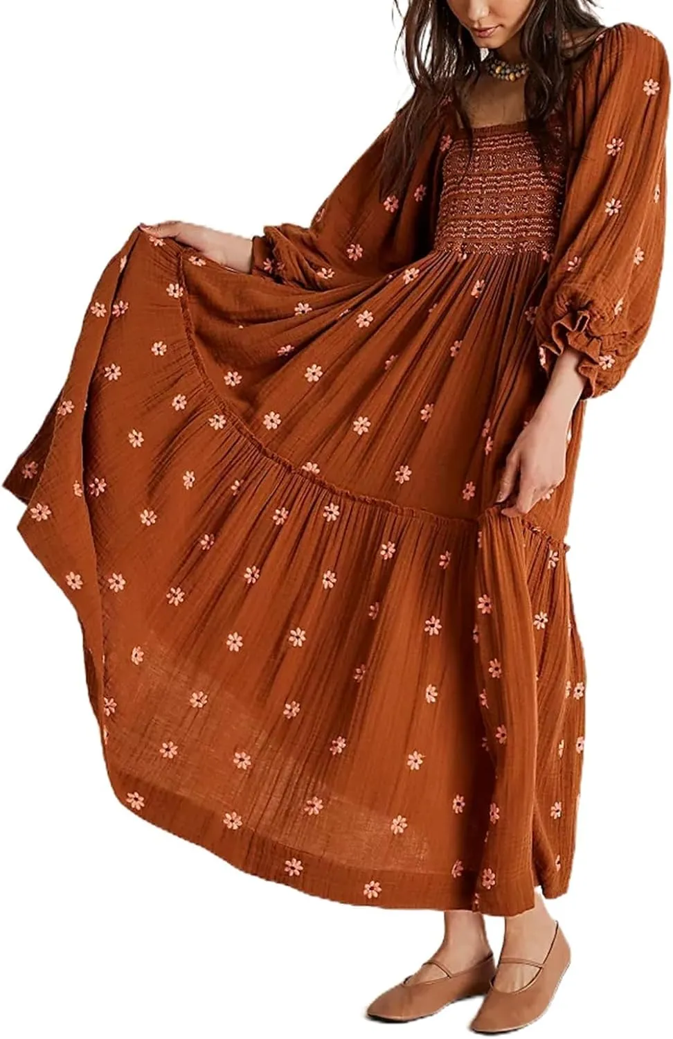 Women's Elastic Waist Flower Embroidered Maxi Dress Lantern Sleeve Square Neck Tiered Flowy Maxi Fall Dress