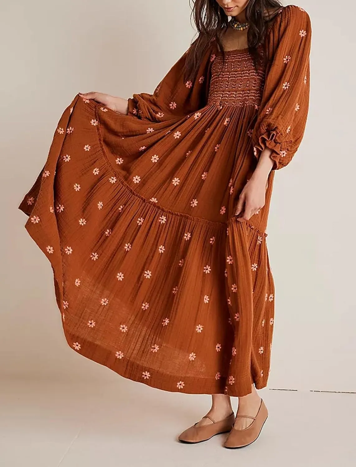 Women's Elastic Waist Flower Embroidered Maxi Dress Lantern Sleeve Square Neck Tiered Flowy Maxi Fall Dress