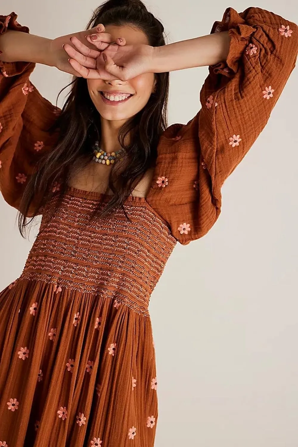 Women's Elastic Waist Flower Embroidered Maxi Dress Lantern Sleeve Square Neck Tiered Flowy Maxi Fall Dress