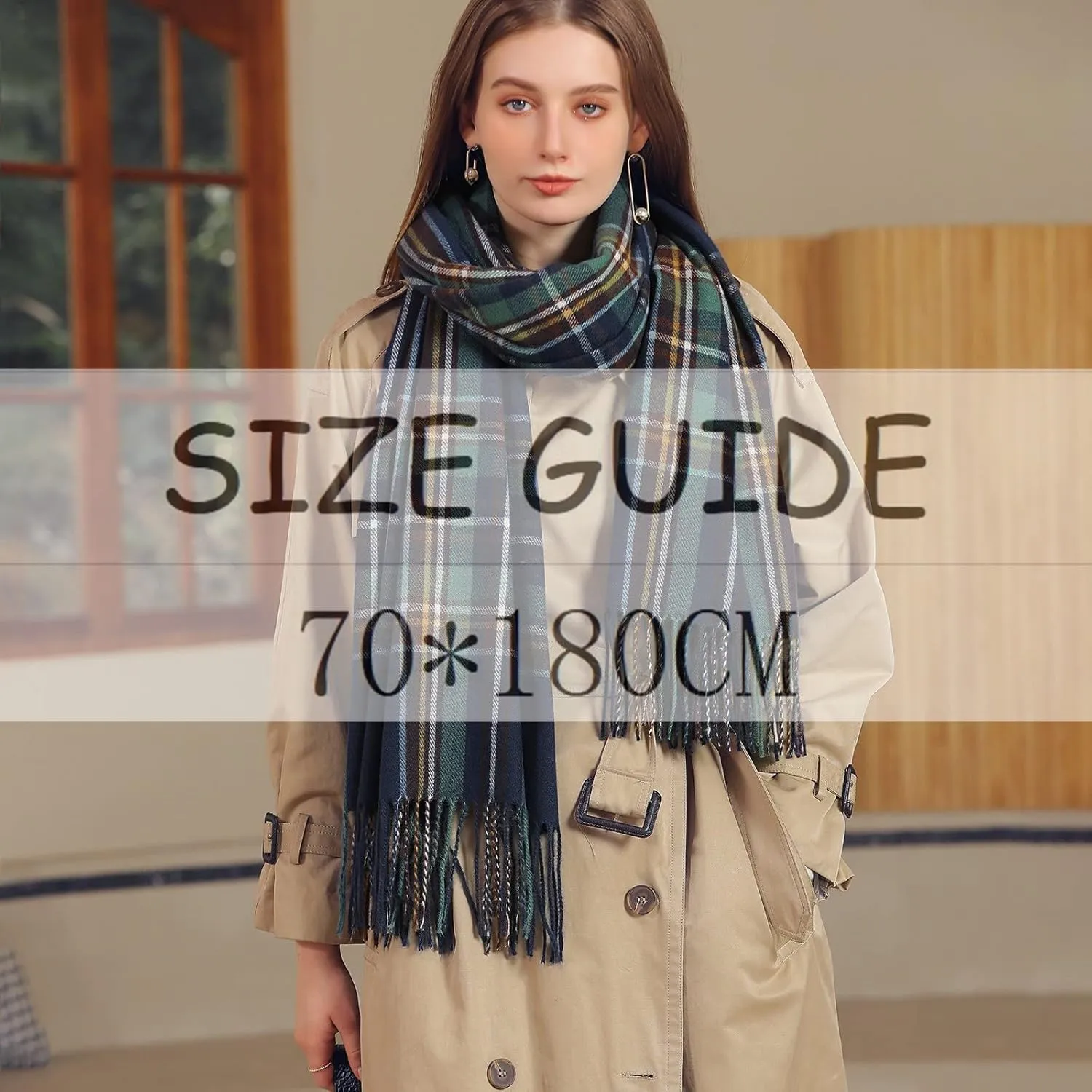 Womens Fall Winter Thermal Scarf Classic Plaid Print Tassel Soft Warm Blanket Scarves Ladie's Shawl Wraps